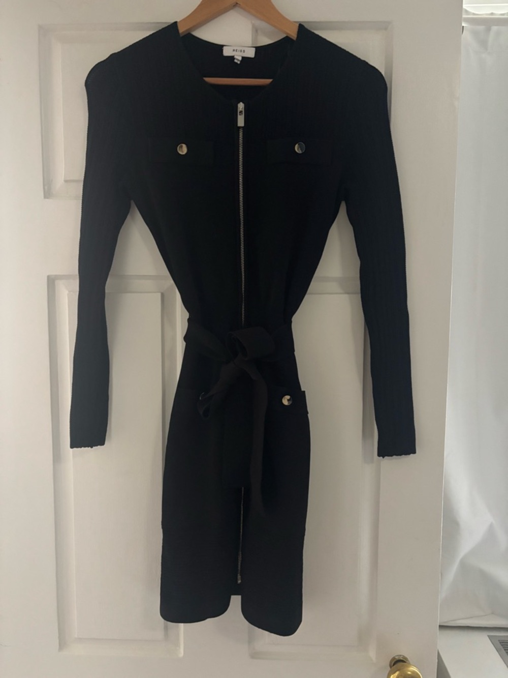 Knit Zip-Front Black Dress with Tie Waist Reiss